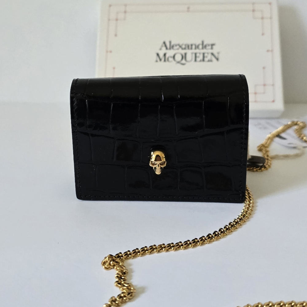 Alexander McQueen Croc-Embossed Leather Card Holder On Chain Black - Picture 3 of 7